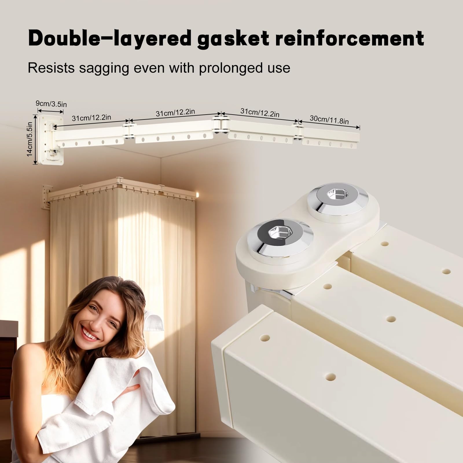 Aste Per Tenda Doccia Angolare Pieghevoli Con Tenda Da 180 Cm, Adatte Per Vasche Da Bagno o Docce, Bastone Tenda a Pressione,Bianco crema