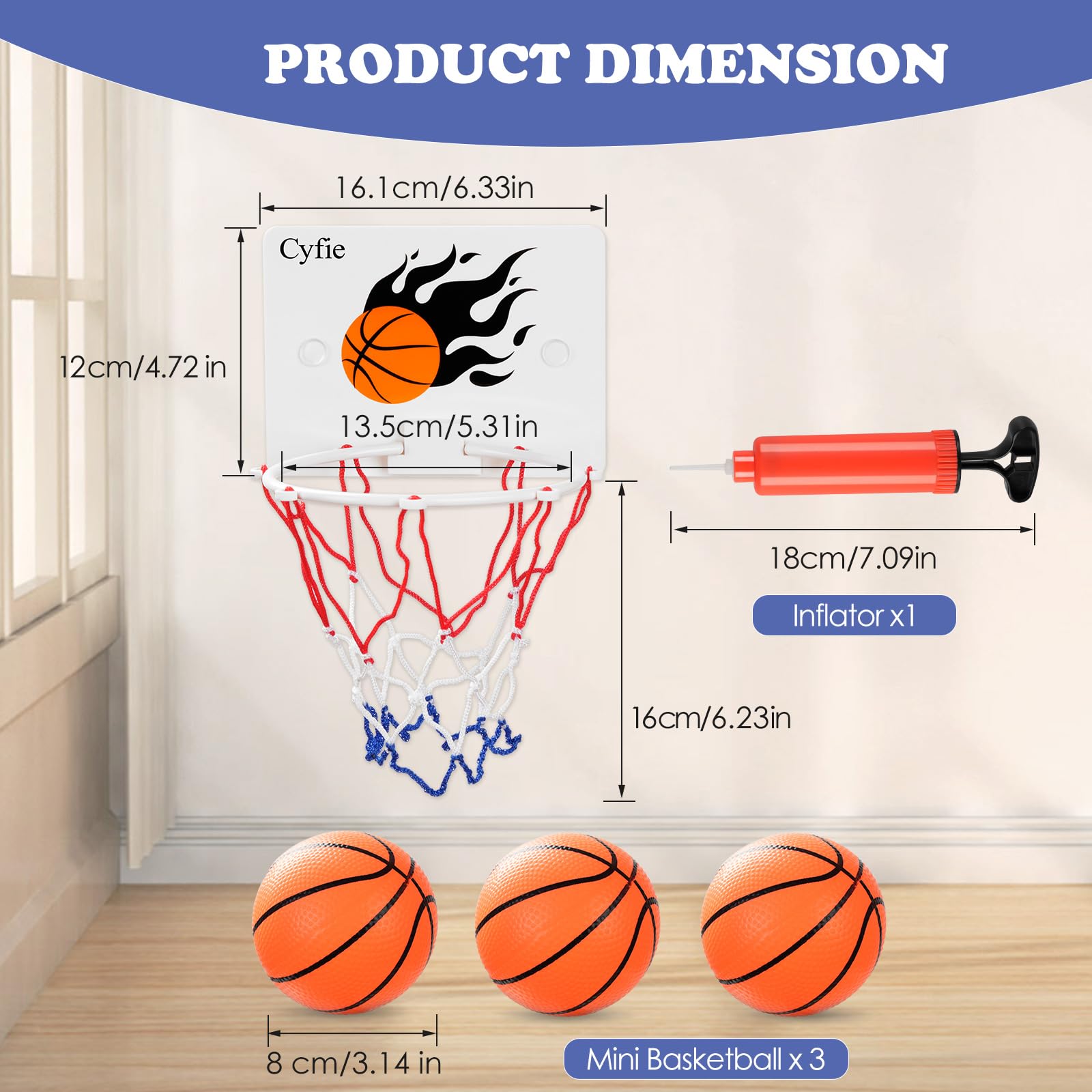 CYFIE Canestro Basket da Camera con Ventosa, con 3 Pallone Basket e 1 Pompa, Mini per Bagni, Uffici, Camere da Letto, Studi, Scrivanie, Porte, Pareti