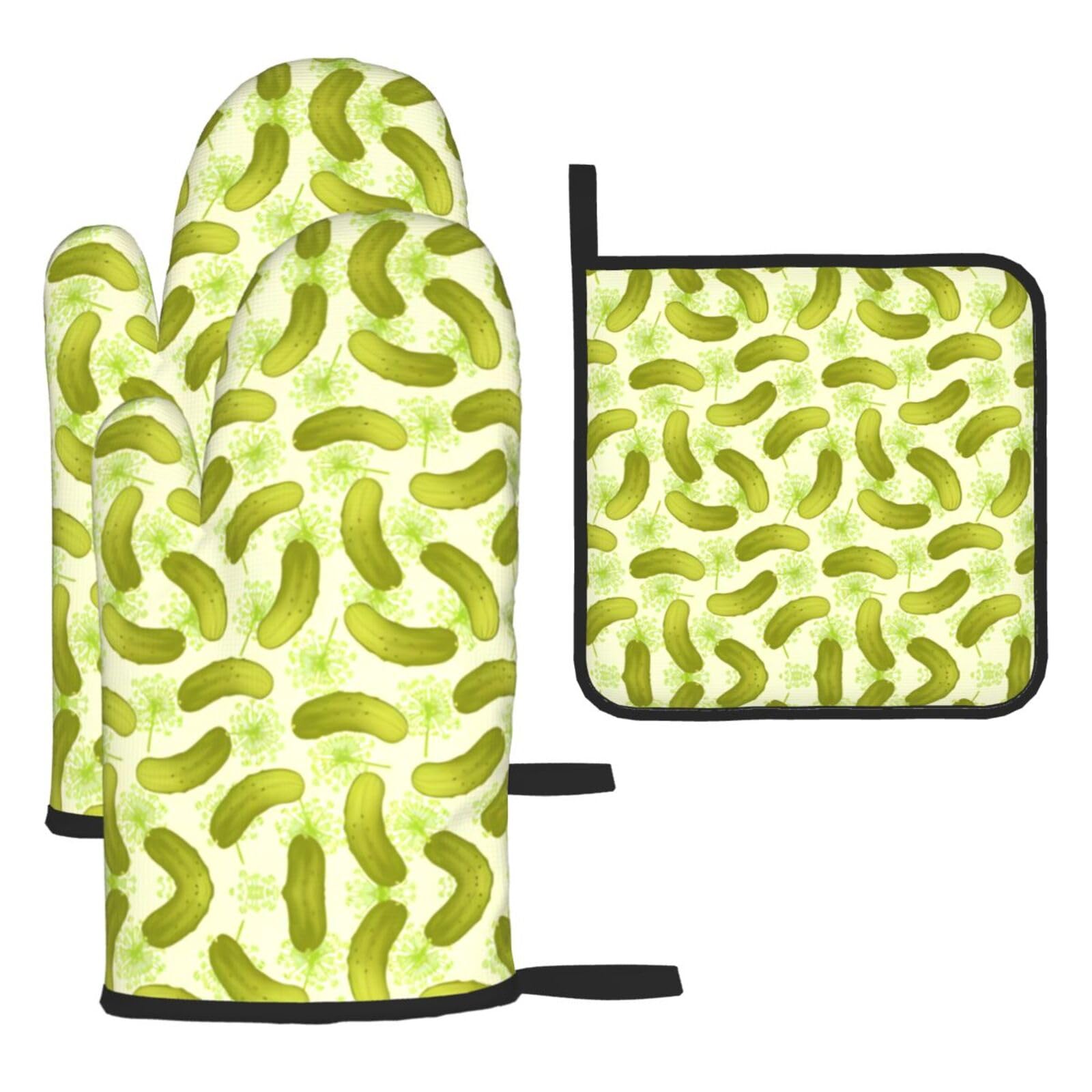 Sushi Dill Pickles 3-Piece Oven Mitt Set - Printed Heat Resistant Gloves with Pot Holder Mat for Cooking Baking BBQ Grill - Polyester Kitchen Accessories