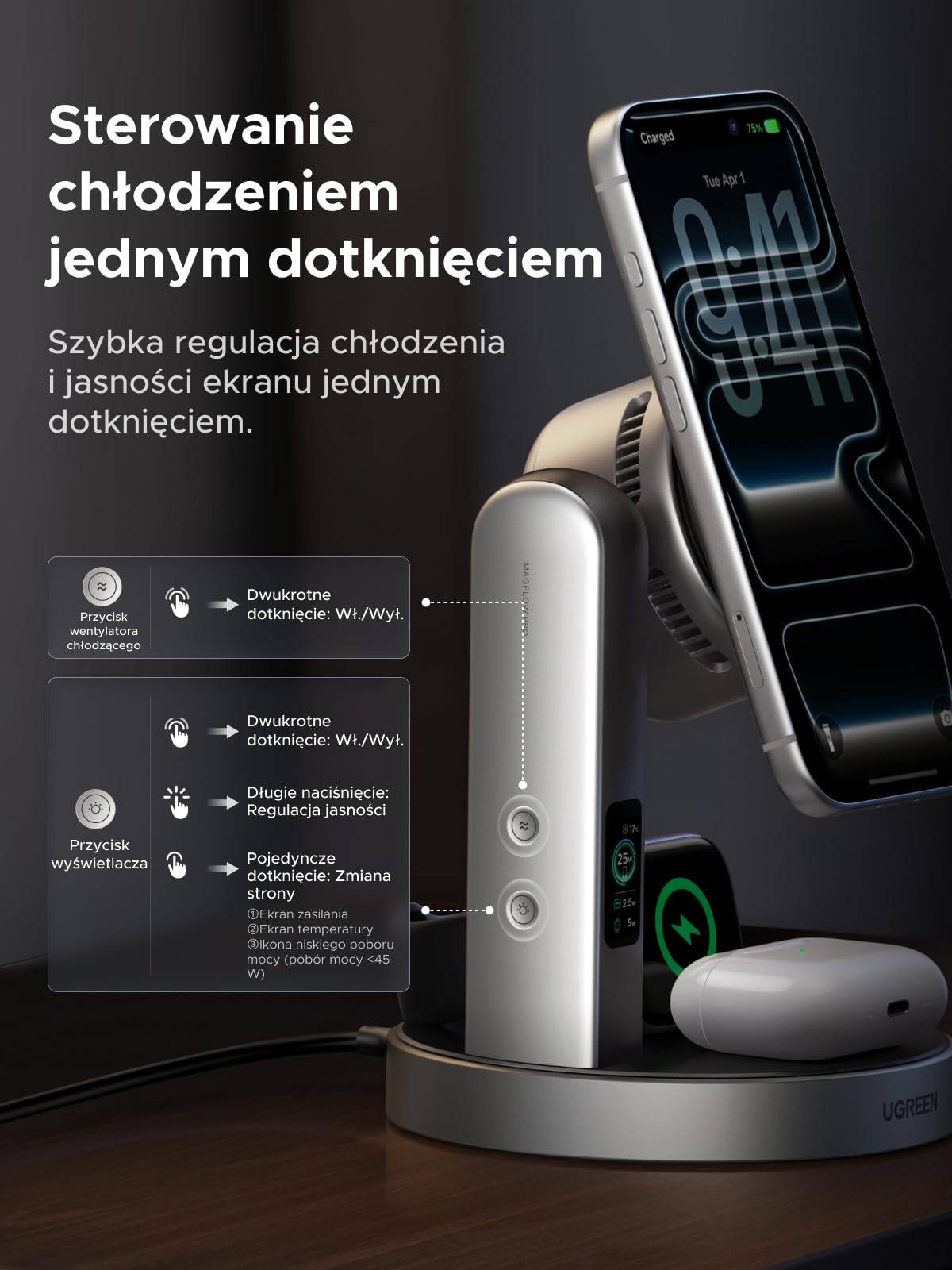UGREEN MagFlow Pro 25W 3 w 1 magnetyczna bezprzewodowa z chłodzeniem