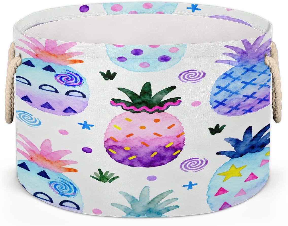 Large Storage Baskets - Pineapples Tropical Fruit Nursery Round Collapsible Organizer Bin Box, Laundry Hamper for Kids Toys, Blanket, Bedroom Living Room Home Decor, Gift Basket, 19.4"x13.3"