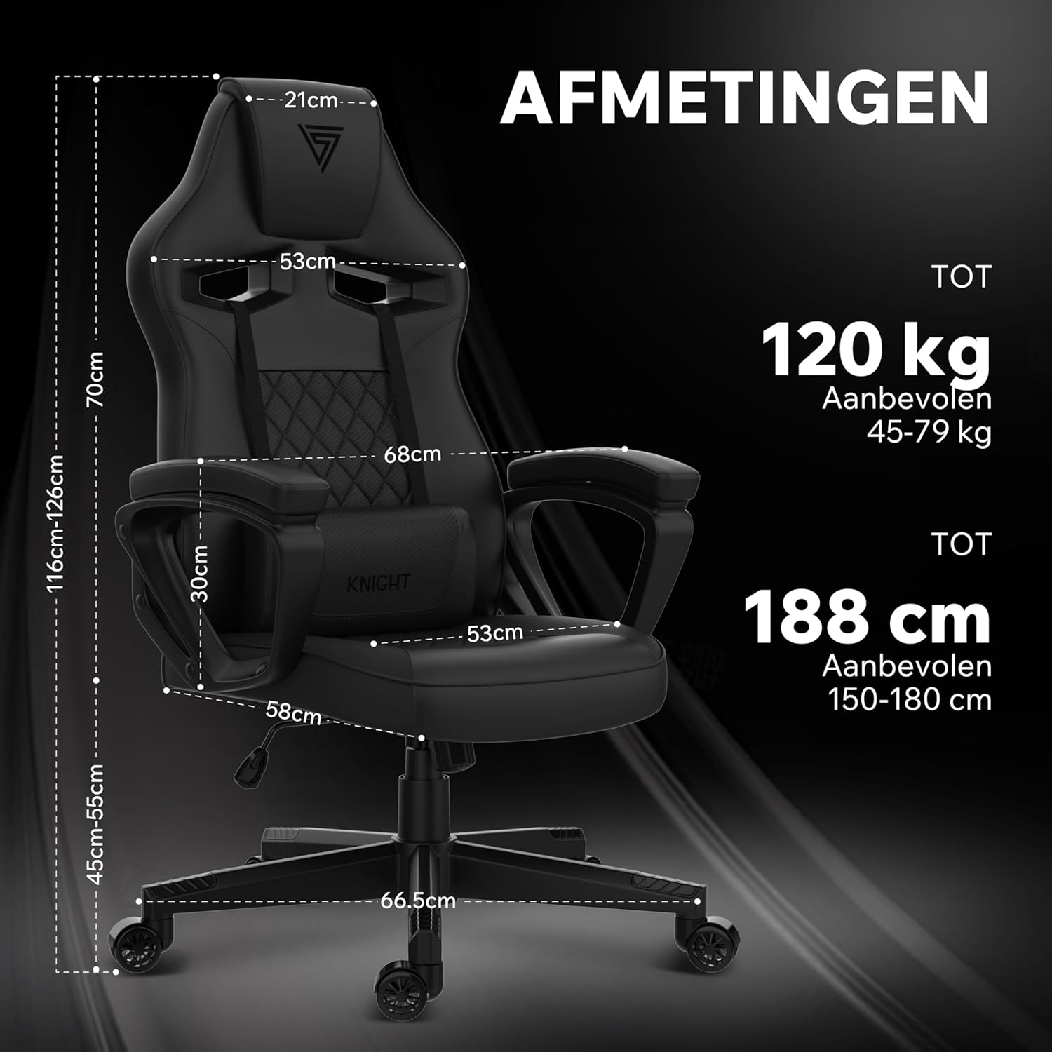 Diagram showing the dimensions of the SENSE7 Knight gaming chair in centimeters.