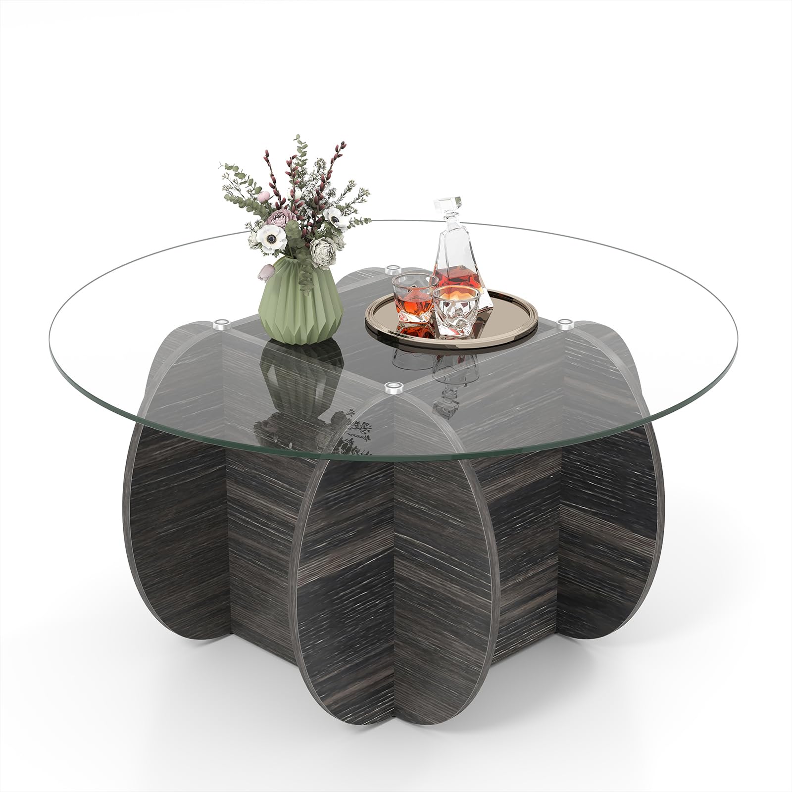 LIFEZEAL Runder Couchtisch Glas, Wohnzimmertisch mit Glasplatte, Moderner Beistelltisch mit Holzbeinen, Dekorativer Sofatisch für kleine Räume, Büro, Zuhause (Schwarz, 89 x 46 cm)