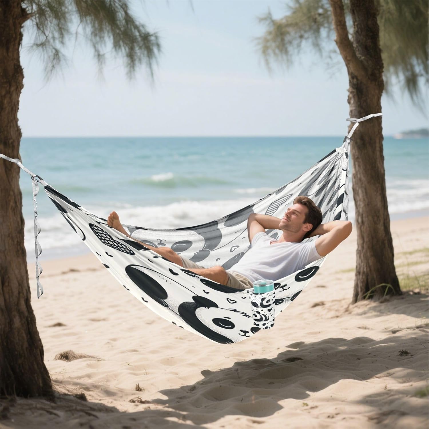 ALAZA Sleeping Panda Heart Camping Hammocks Single or 2 Person 500 lbs Portable Parachute Travel Hammock w/Tree Straps for Hiking Backpacking Indoor Outdoor