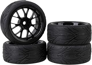 Black RC 1:10 On-road Car Fish Scale Pattern Rubber Tyre & Plastic Y Type Wheel Rim 12mm Drive Hex Pack of 4
