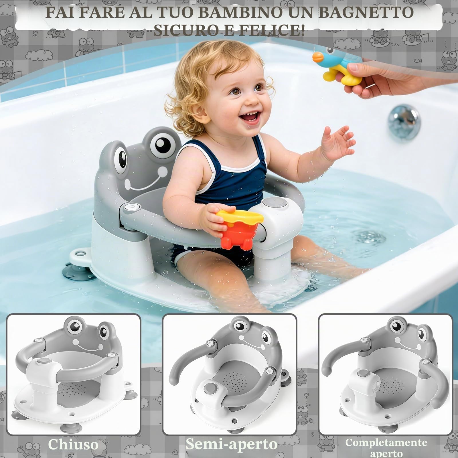 Bambino Seggiolino da Bagno,Seggiolino Doccia Bimbo,Seggiolino Vasca da Bagno Bambino,Seggiolino da Bagno con 4 Ventose,per Bambini a Partire da 6 Mesi per Doccia o Vasca da Bagno - Grigio