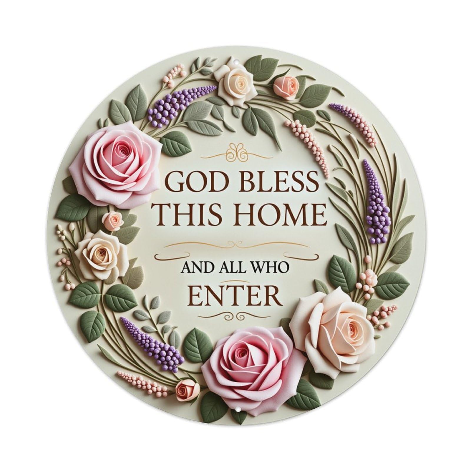 Floral Wreath With Roses And Lavender Round Tin Sign Vintage Metal Poster Retro Bar, Home, Man Cave, Kitchen, Laundry Room Wall Art Decor Gift 8x8Inch