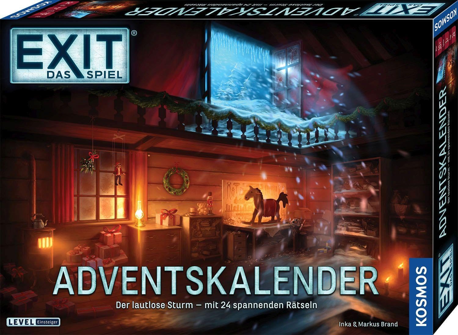 Detailaufnahme der Rätselkarten und des Spielmaterials des KOSMOS EXIT Adventskalenders.