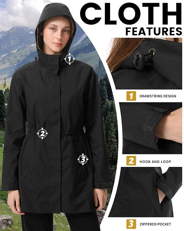 iCreek Women's Long Rain Jacket Waterproof Packable Hooded Windbreaker (Black, XXL) by iCreek - Used condition - Image 3