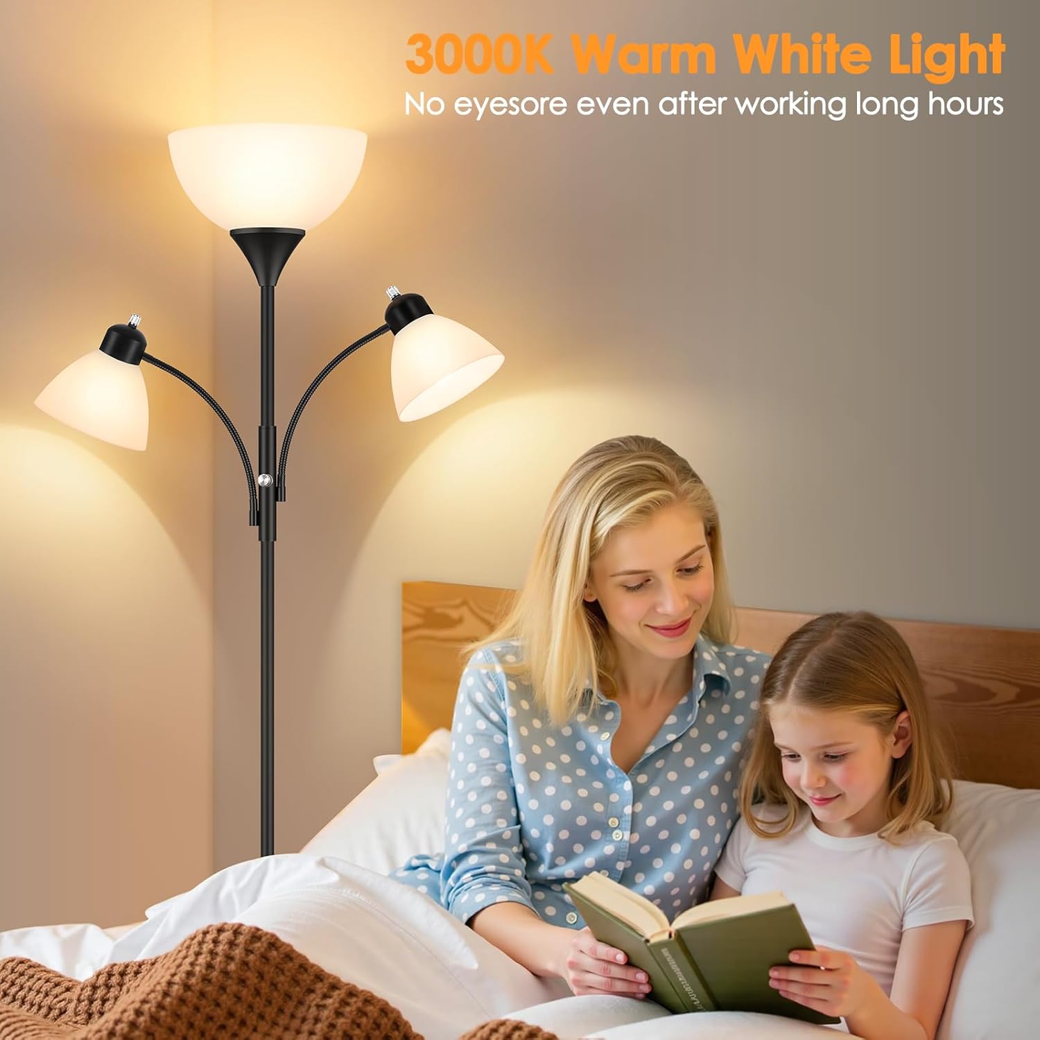 Floor Lamp for Living Room,72" Dimmable Torchiere Lamp with 2 Reading Lights for Bedroom, Black Tall Standing Room Lamp, 3 Bulbs Included