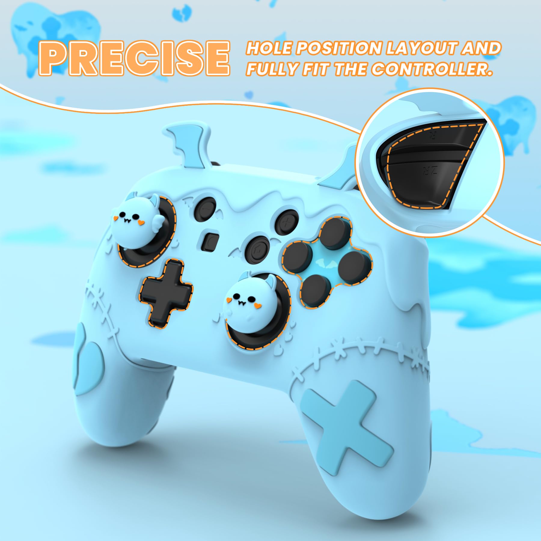 playvital Cover Silicone per Nintendo Switch 1 PRO Controller Custodia Joystick Skin Antiscivolo Protettiva Carina, 4 Copri Levette Analogiche & 2 Adesivi, Serie Imp Gotico, Acqua Blu