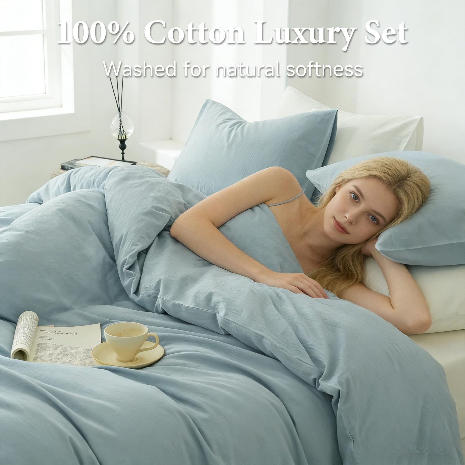 100% Washed Cotton Duvet Cover Set 3pcs Linen Feel Queen Duvet Cover Breathable Durable Comfy Twill Bedding (Blue,88" x 92")
