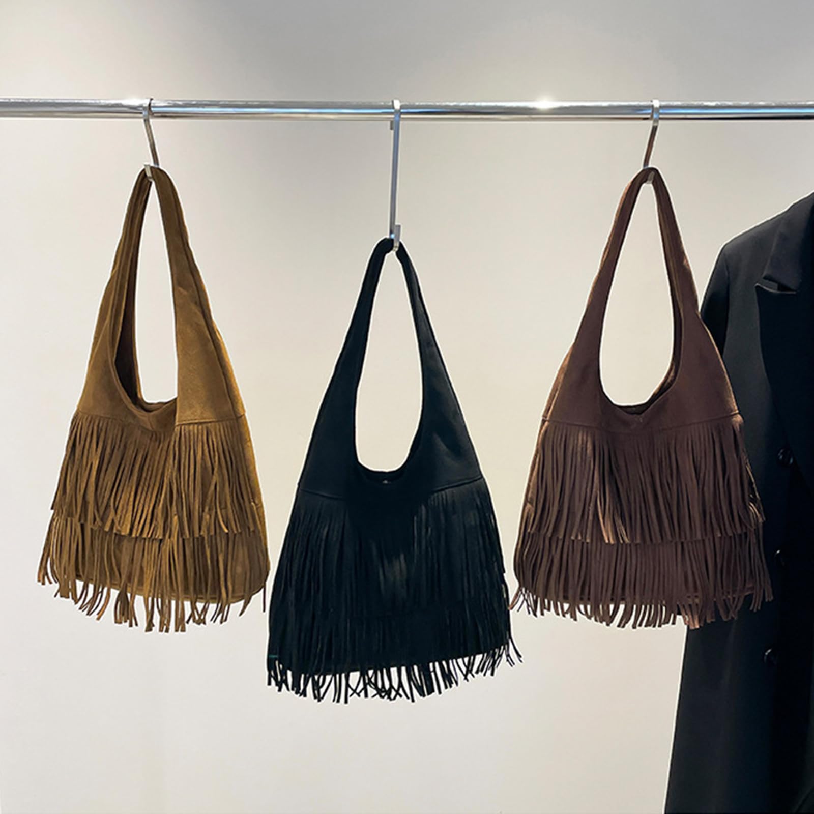 CORIOS Borsa a Mano in Pelle Scamosciata da Donna Con Frange Hippie Occidentale - Grande Tracolla per Spesa, Lavoro, Shopping, Viaggio - Stile Retro Elegante Nero