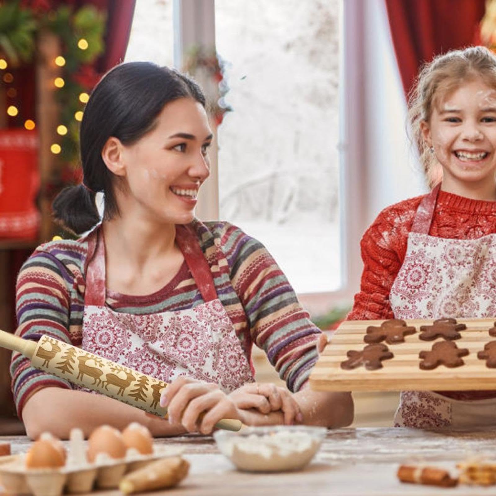 Hornear galletas con relieve,Rodillos con relieve Rodillo de madera con impresión navideña, rodillo tallado de madera en relieve, alce, copo de nieve, árbol de Navidad, muñeco de nieve, galleta(Chocol