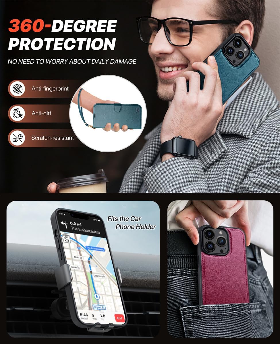 OCASE for iPhone 13 Pro Max Case Detachable Wallet Case with Card Holder, 2 in 1 Pu Leather Flip Folio with RFID Blocking Stand Wrist Strap Shockproof Phone Cover 6.7 Inch 2021, Peacock Blue