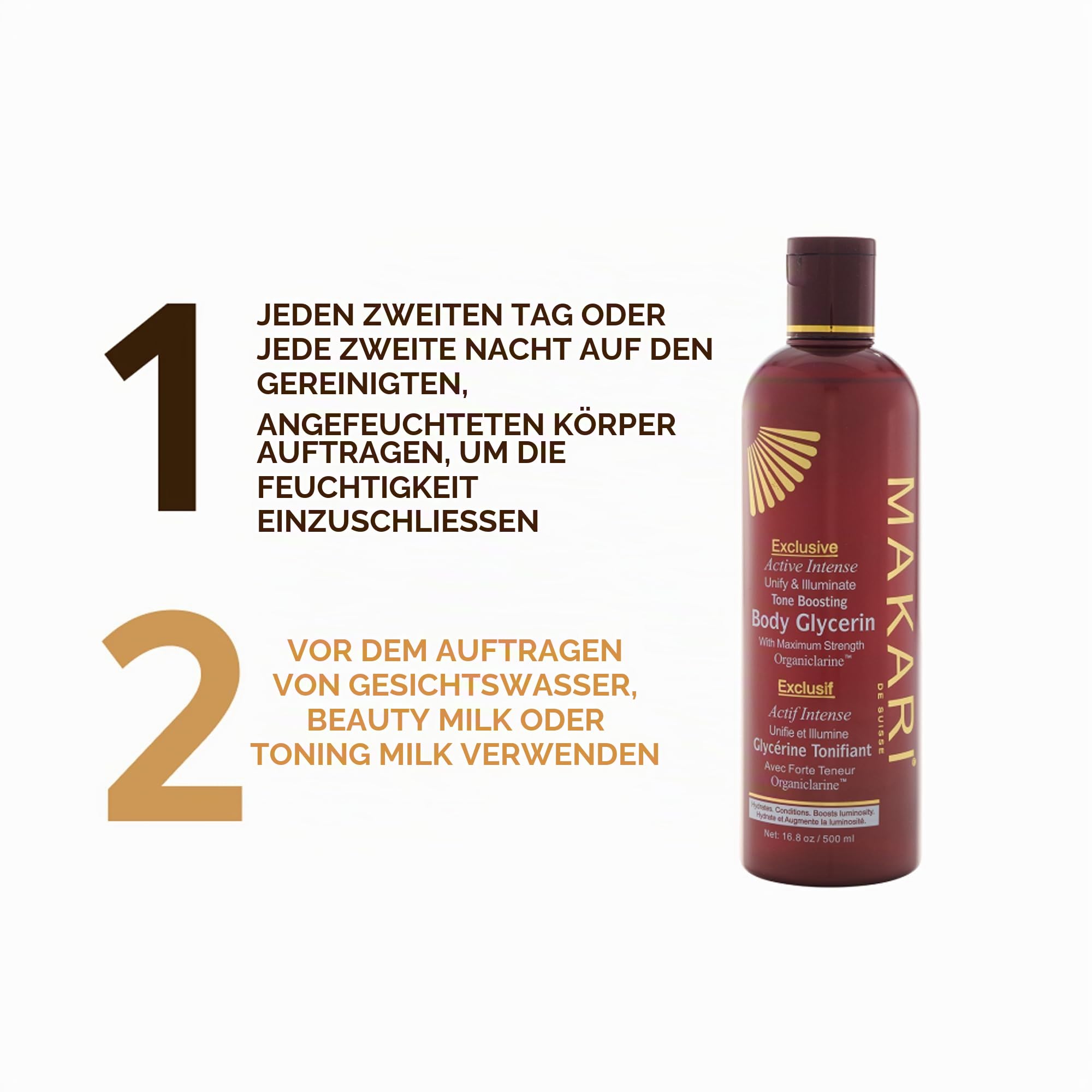 Makari Exklusiv Aktiv Intensiv Toning Glycerin 16.8oz - Haut Aufhellung & Aufhellung Feuchtigkeitscreme für Körper mit Organicarine™ - Whitening Behandlung für dunkle Markierungen & Altersflecken