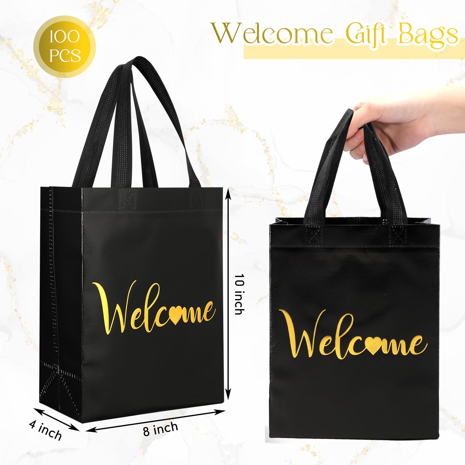 Sweetude 100 bolsas de bienvenida a granel, 10 x 8 x 4 pulgadas, bolsas de regalo de bienvenida no tejidas con asa, reutilizables, parte inferior reforzada, bolsas de bienvenida para bodas, fiestas de