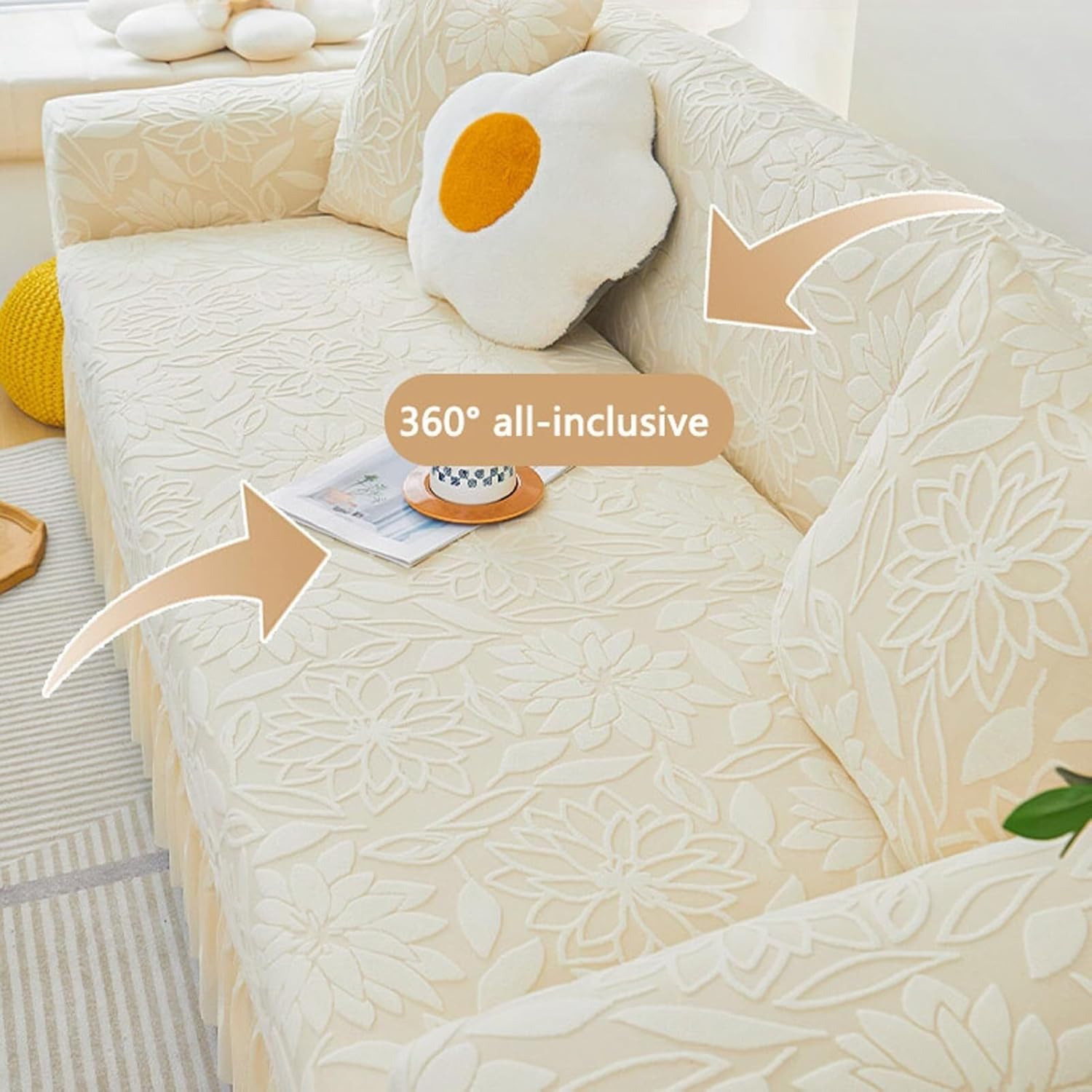 3D Floral Stretch Couch Protector, Pet Friendly Furniture Protector, Slipcover with Skirt for 4-Seater Sofas