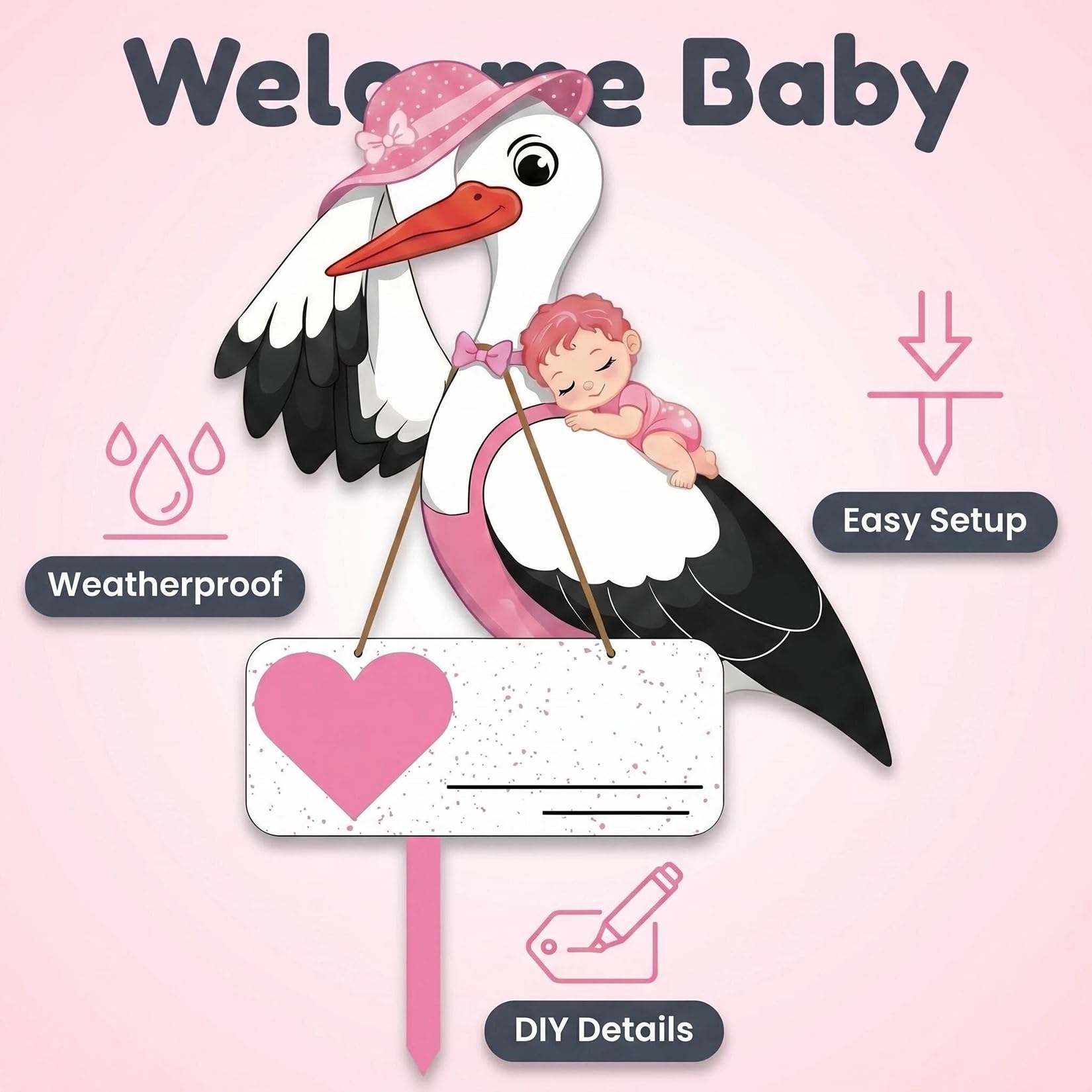 Cigogne à Clapette pour Naissance Bébé Imprimé Sur Deux Faces avec Bâton en Bois Plaque Nominative pour L'intérieur Et L'extérieur Idée Cadeau Naissance (Rose)