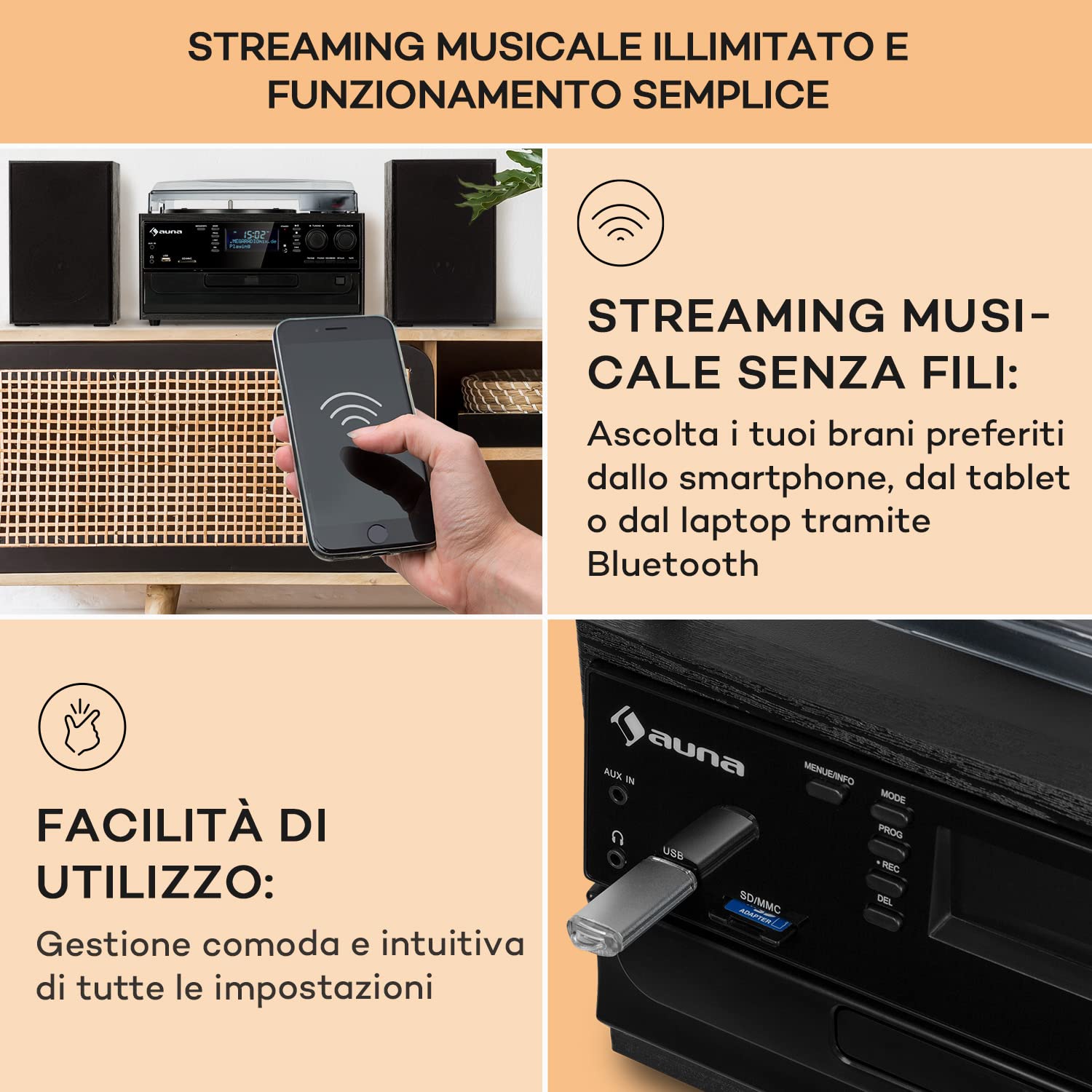 Auna Giradischi Bluetooth per Dischi in Vinile, Lettore Vinile a 3 Velocità di Riproduzione, Giradischi Vinili Vintage con Casse Stereo, AUX, Gira Dischi per Vinile con Jack per Cuffie e Lettore CD