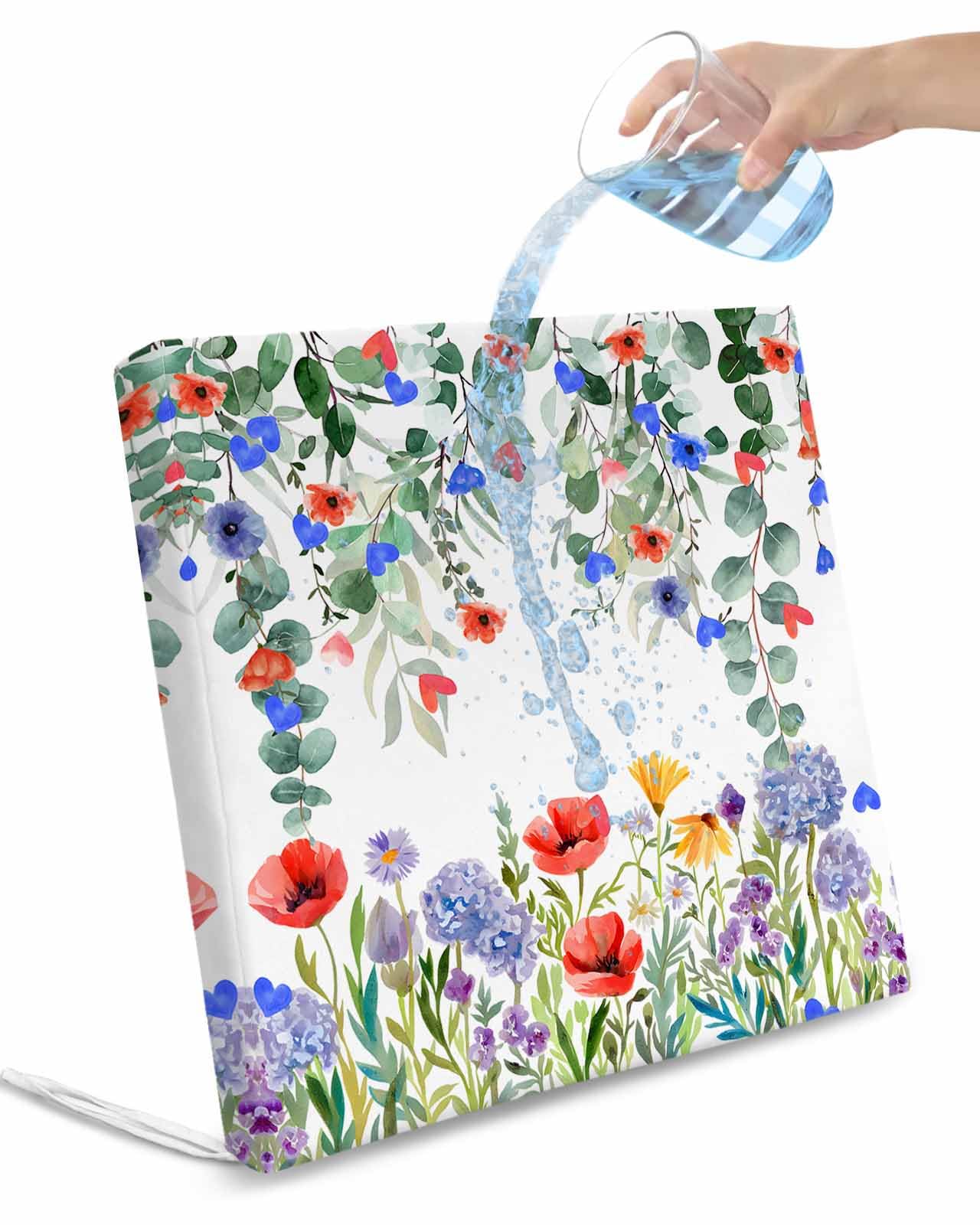 4th of July Outdoor Cushion Chair Cover Set of 2 - Waterproof Couch Seat Covers, Watercolor Red Blue Floral Eucalyptus Leaves Patio Furniture Protector Cushions Slipcovers for Sofa/RV, 22