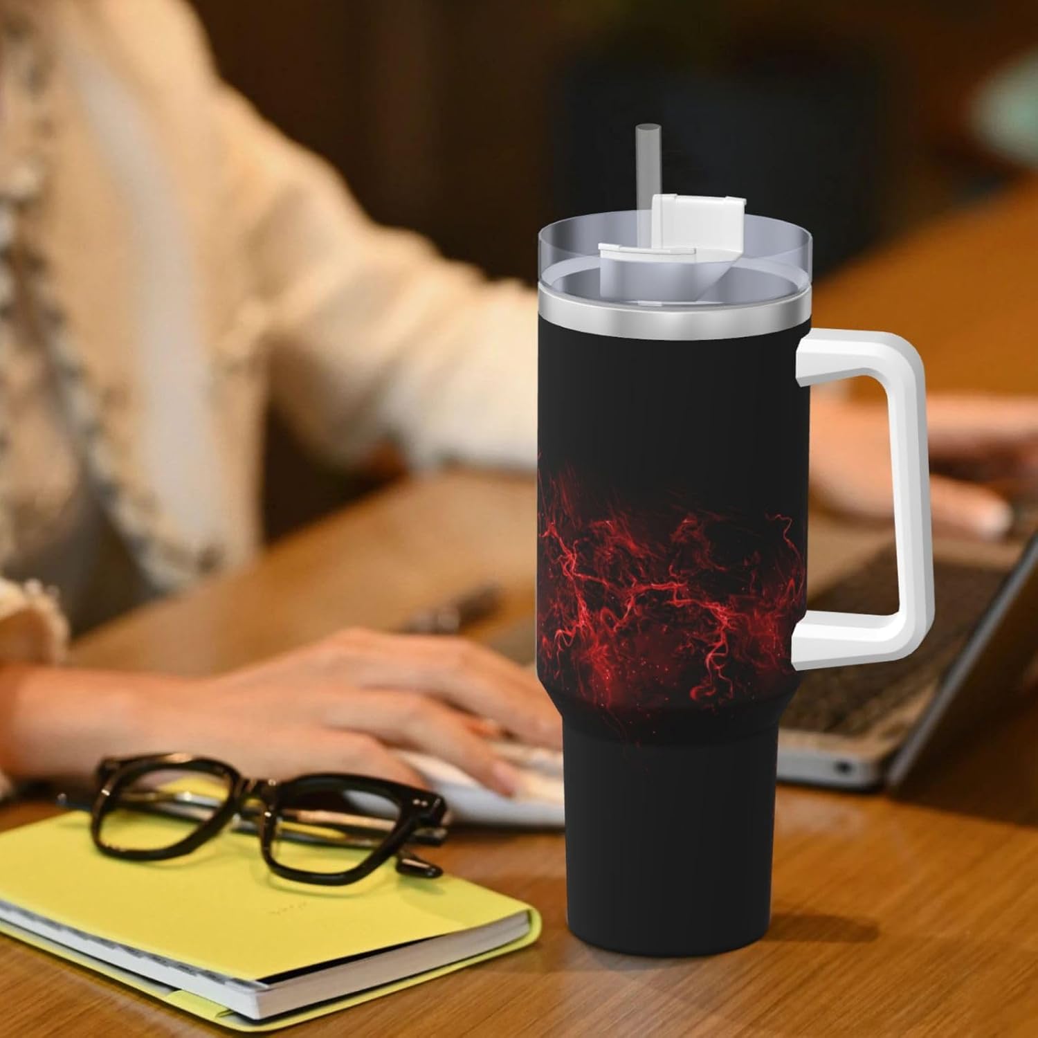 40 OZ Explosion Burst Red Black Print Ice Bully Cup with Handle Straw Lid Straw,Stainless Steel Tumbler Coffee Cup