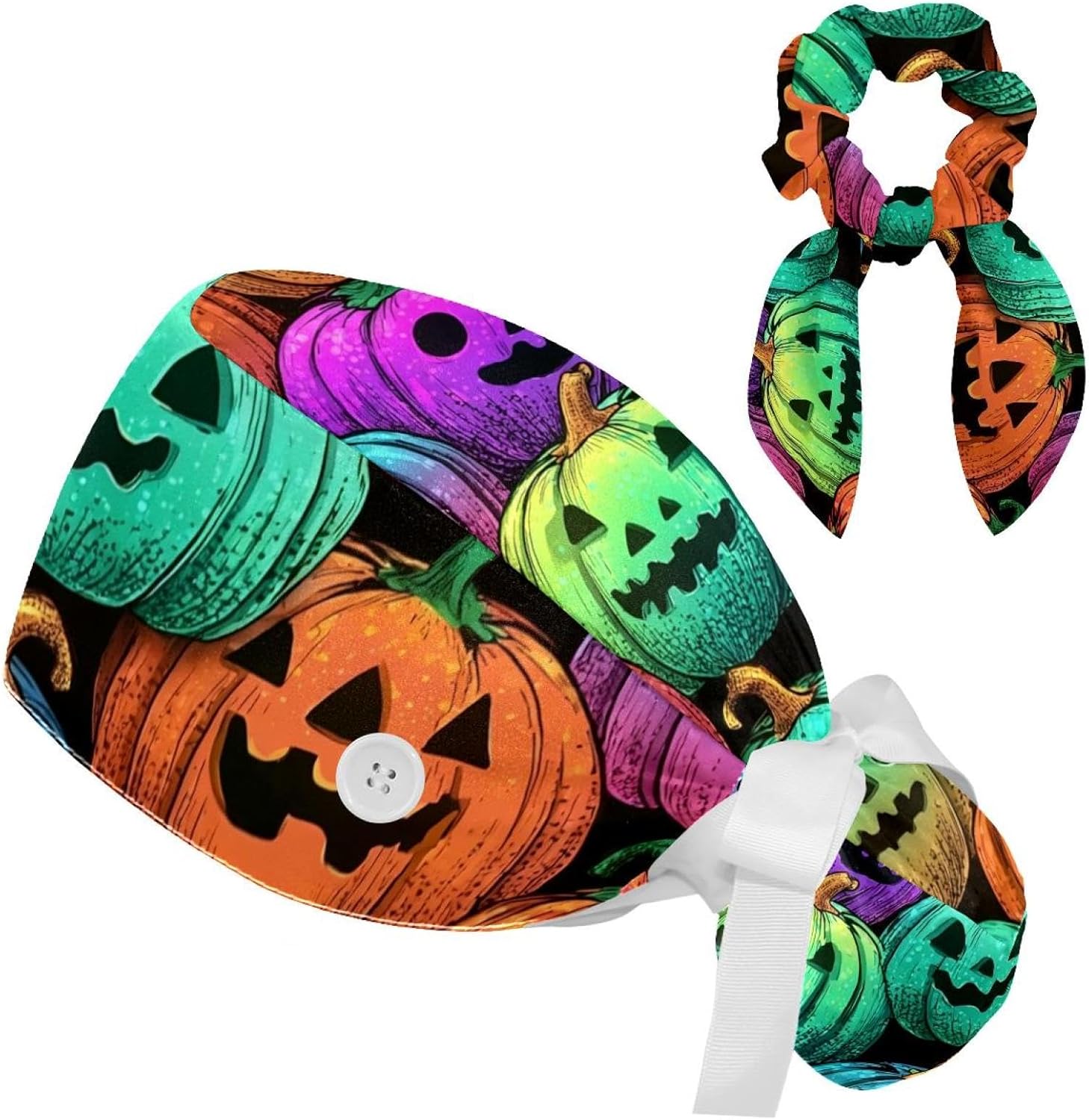 Women’s Working Cap Scrub Hats with Bow Scrunchies, Skeleton Pattern Bouffant Surgical Cap Ponytail Holder