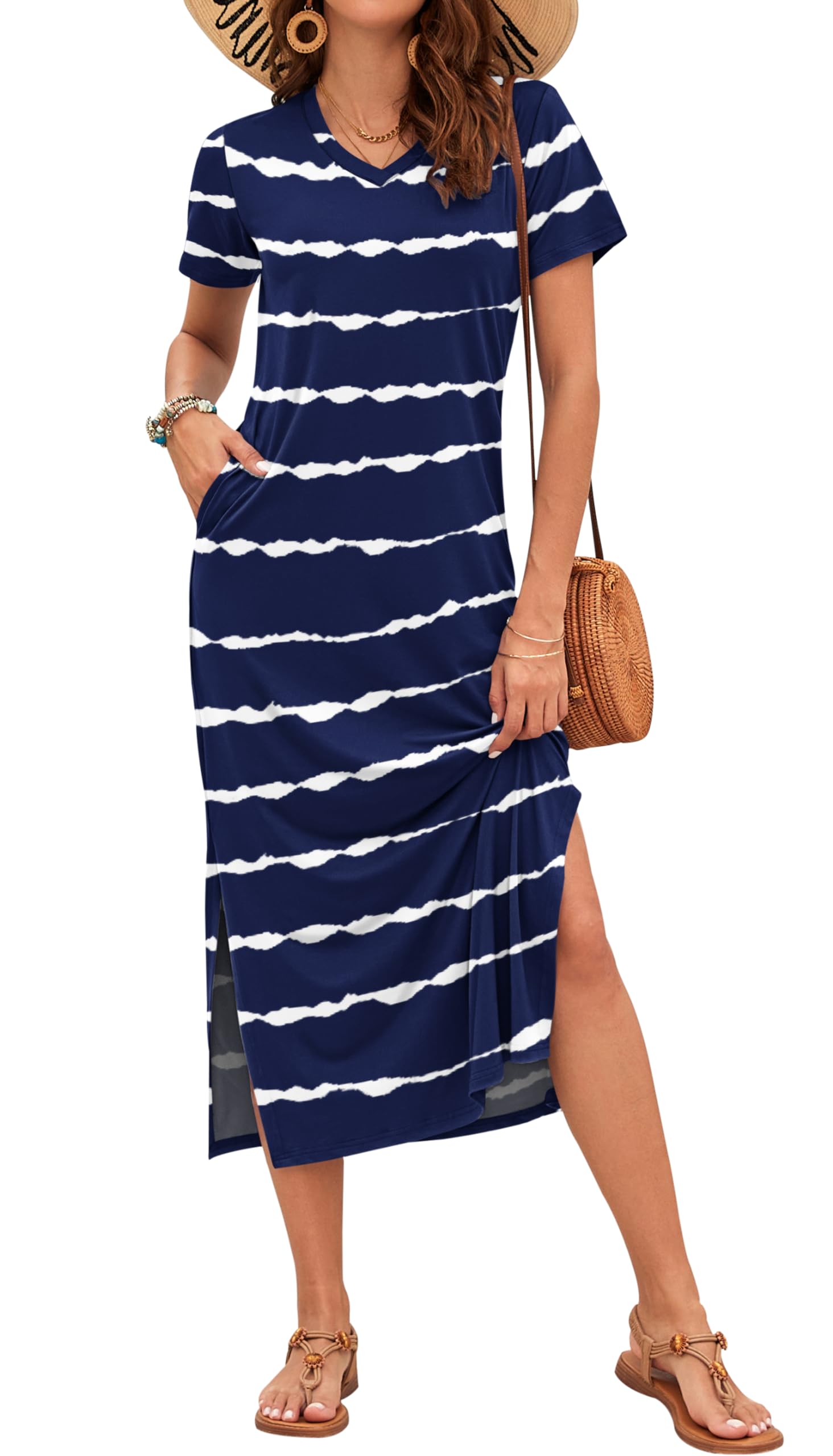 AUSELILY Damen Sommer Kurzarmkleid Leichten - Damen Maxi Schlitz Elegant Kleider