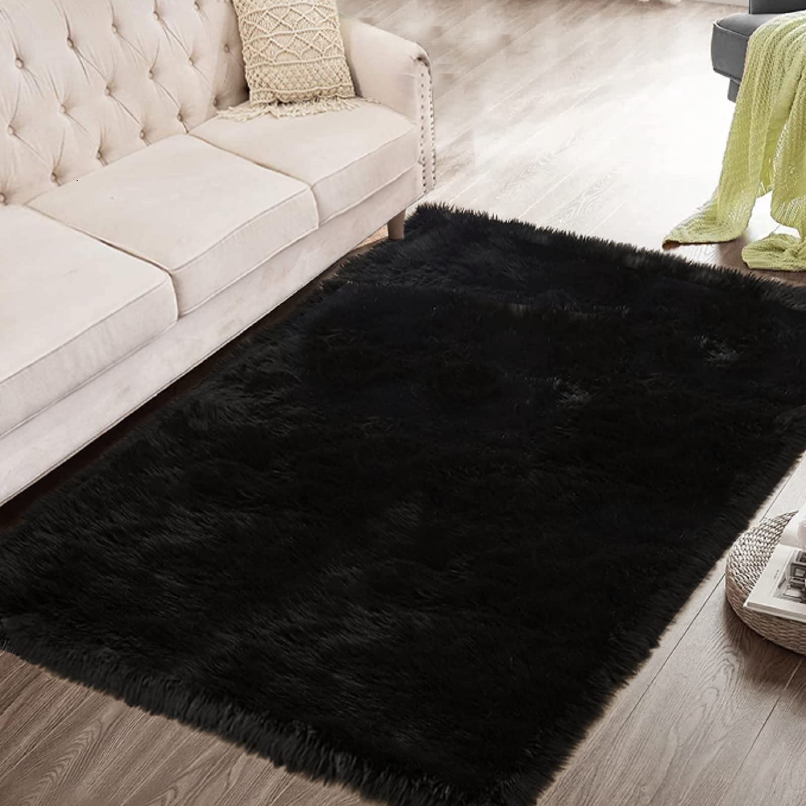 ORINOVA Black Fuzzy Faux Sheepskin Shaggy Fur Rugs for Bedroom Machine Washable Furry Rug 4x6 Area Rugs for Nursery Decor
