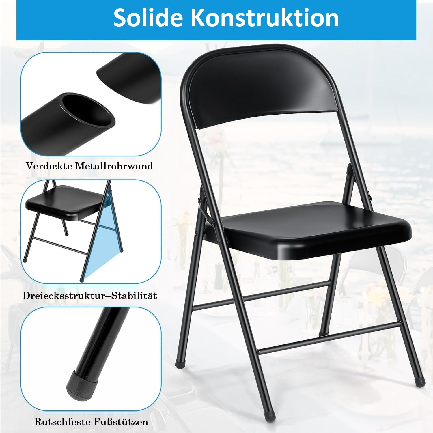 Asdsed Klappstuhl 4er Set, Wasserdicht Stabil Bequeme Klappstühle Esszimmer Klappbar Campingstuhl bis 160kg Gartenstuhl aus Metall & Kunsttoff für Balkon Küchen Außen, Schwarz Küche, Haushalt & Wohnen