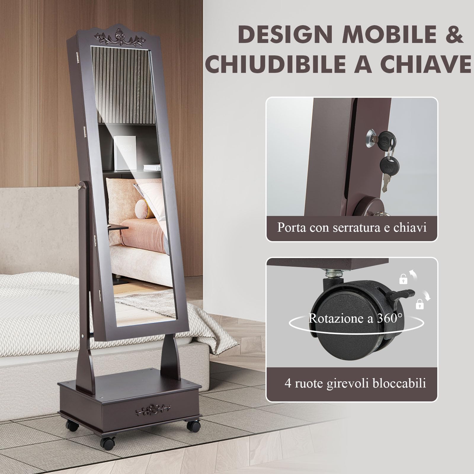 GYMAX Armadio Portagioie con Specchio Inclinazione Regolabile, Con Cassetto, Luci a LED e 4 Ruote, Design Moderno per Soggiorno, Camera da Letto (Marrone)