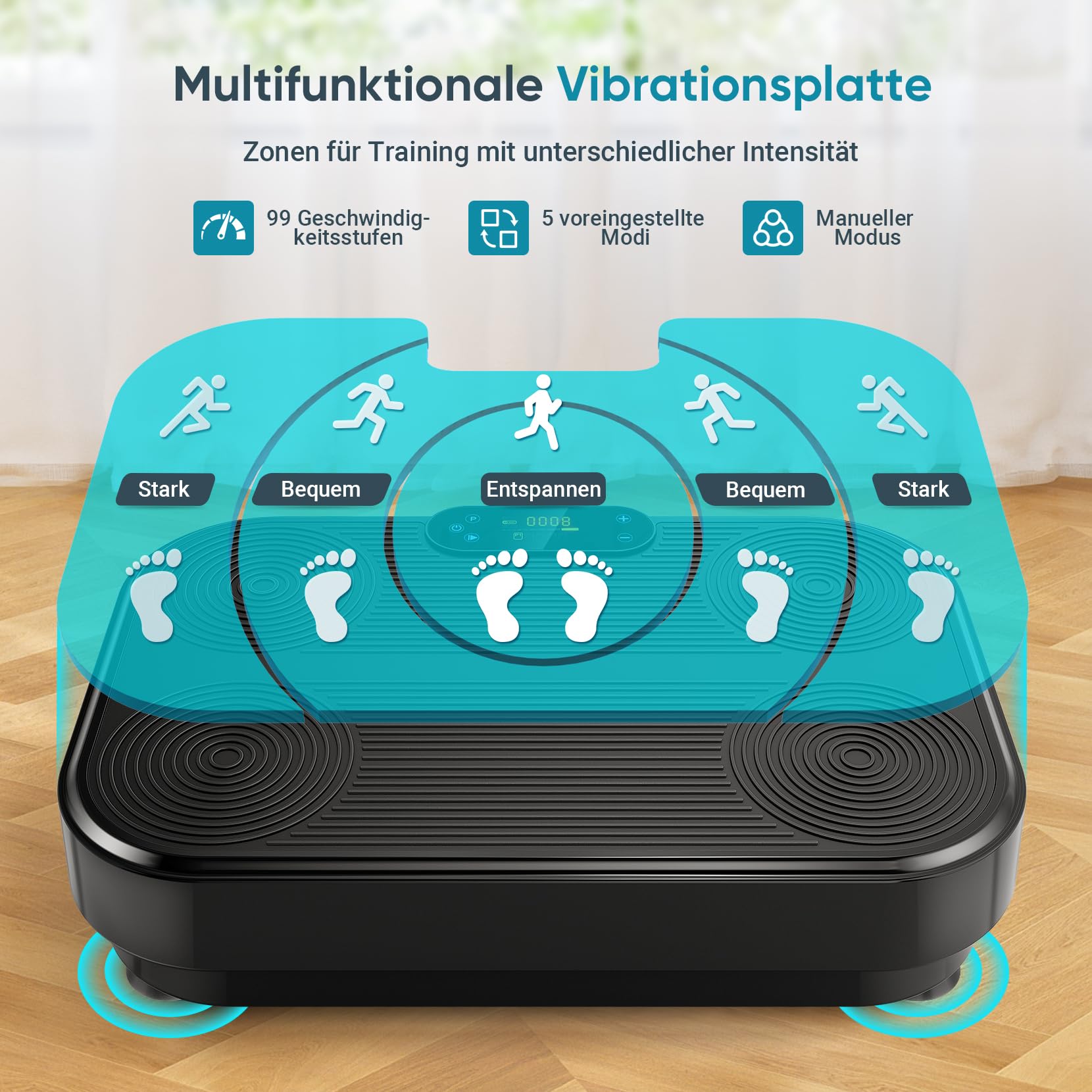 THERUN Vibrationsplatte, Rüttelplatte für Zuhause mit 99 Vibrationsstufen, Fitnessgerät für Muskelaufbau, Fettverbrennung & Ganzkörpertraining, inklusive 4 Fitnessbänder