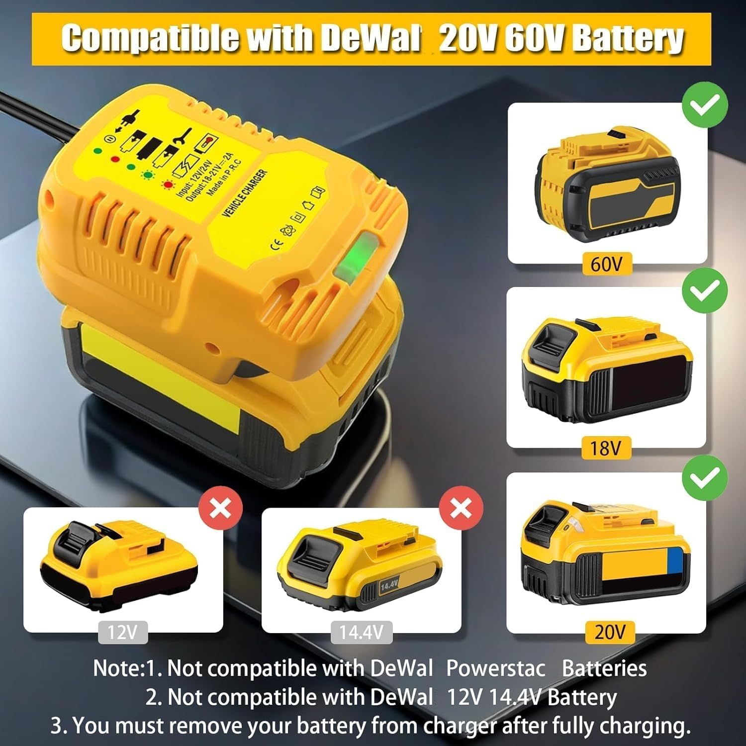 for DeWalt Battery 20V Charger, Compact Charger Replacement for DeWalt 20V MAX, 60V Flex Battery Charger (Only 1 Charger Included) (Car 12V Input)