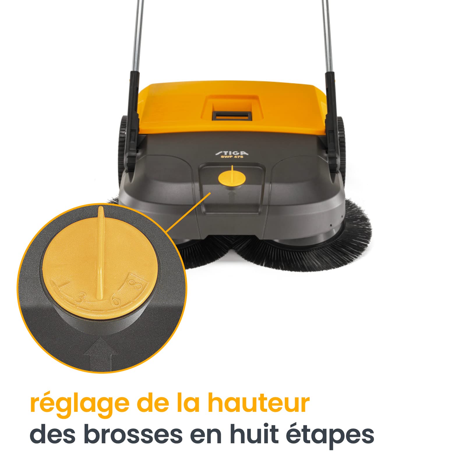 STIGA SWP 475 Balayeuse Poussée, 75 cm, Bac 50 L – Deux Brosses Contrarotatives 41 cm, Réglage 8 Positions – Surfaces Dures Jusqu'à 2 900 m²