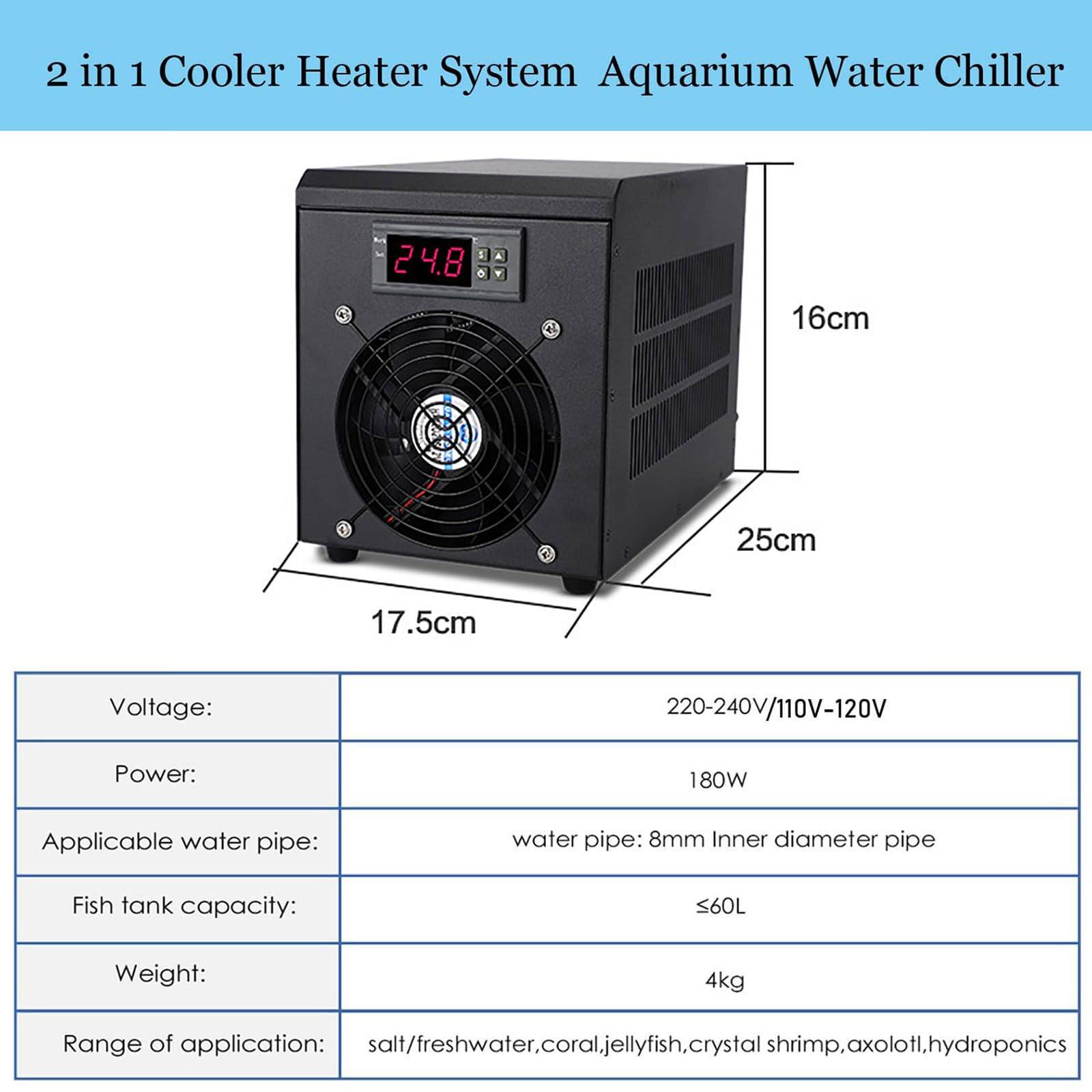 Raffreddatore Per Acquario Da 180W, Piccolo Acquario Termostatico Domestico Da 60L , Raffreddatore E Riscaldatore Per Acquario, Per Coltura Idro-ponica Con Acqua Di Mare/Acqua Dolce,Cooling&Heating