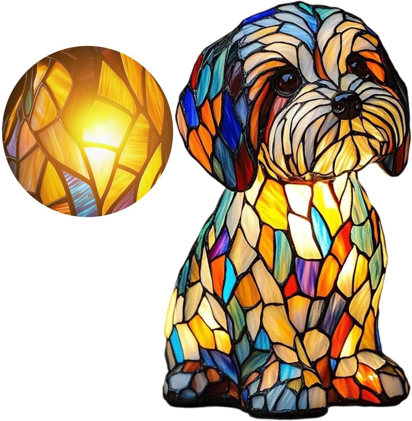 MASINIES Stained Glass Cat Lamp, LED Dog Table Lamps Retro Tabletop Night Light, Resin Home Decor for Office Apartment Living Room (#2)