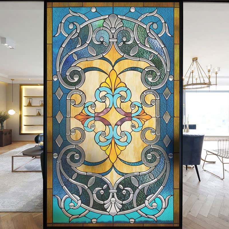 European Church Windows Film Privacy Stained Glass Window Stickers Static Cling Decorative Frosted Window Films UV Blocking Muted Colors Window Coverings (L,69x160cm WxH)