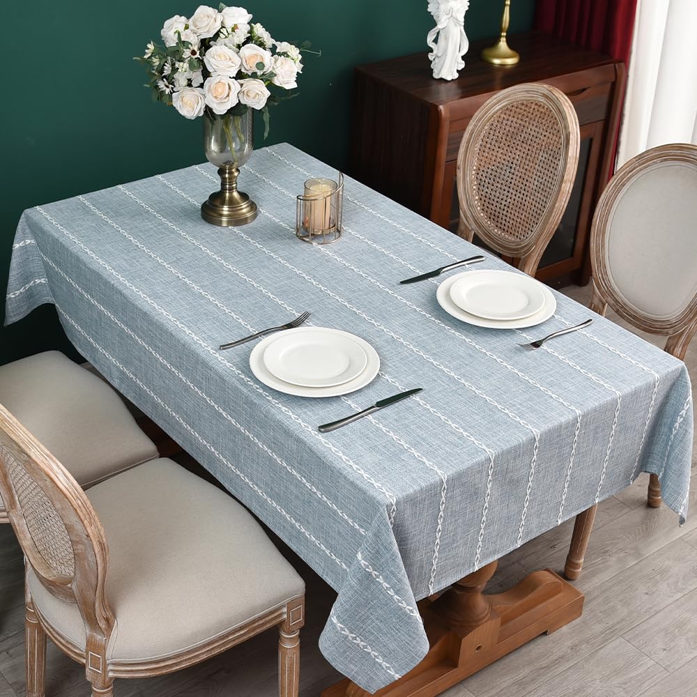 Zobesta Linen Table Cloth Blue Tablecloth Rectangle 120 x 53 Inch, Washable Cotton Farmhouse Soft Boho Blue Stripe Tablecloth for Party, Holiday,