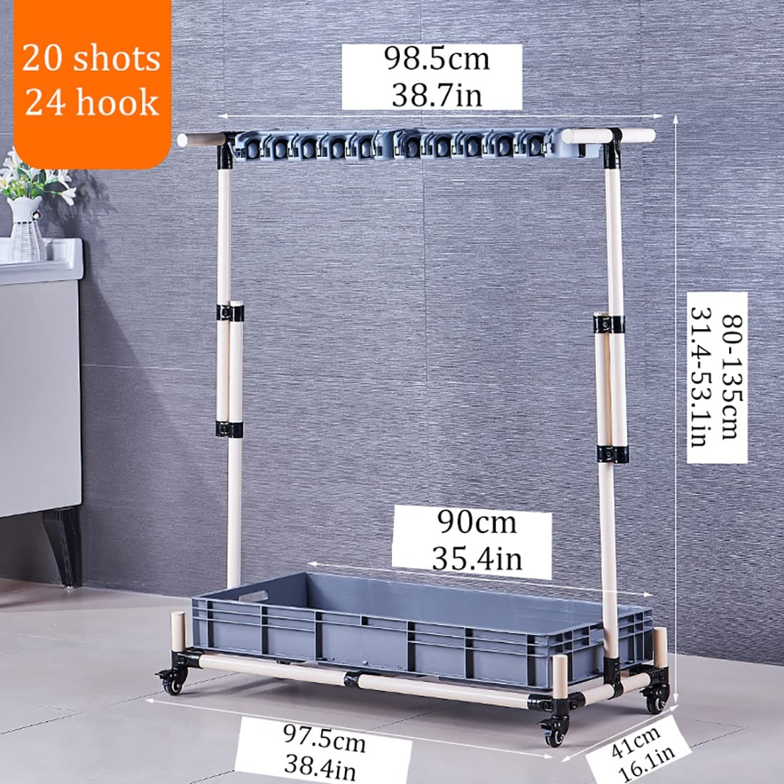 Commerciale Appendi Abiti Porta Scope Esterno Mobile per la Pulizia della Pulizia bagnata Raccumulo di Scarico Adatto per Le scuole degli Hotel da Giardino per Cortile ristoranti (Size : 20 Shots)