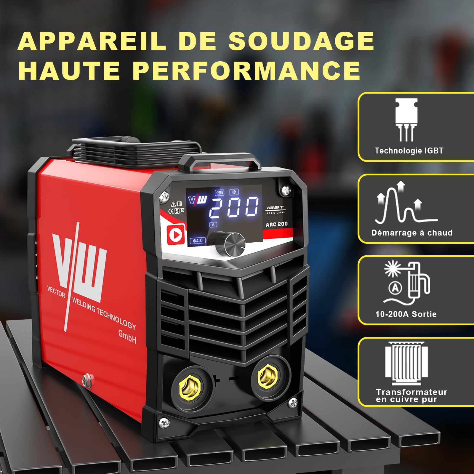 VECTOR WELDING Poste à Souder Inverter d'électrodes 200 A, Soudure d'électrodes MMA/STICK avec écran LED, MMA/STICK, IGBT, kit de soudure ARC 200