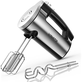 VINATO Electric Hand Mixer 300 Watt Hand Mixer with 6 Speed Levels Hand Mixer with 2 Stainless Steel Whisks and Dough Hooks for Mixing Eggs Dough and Cakes