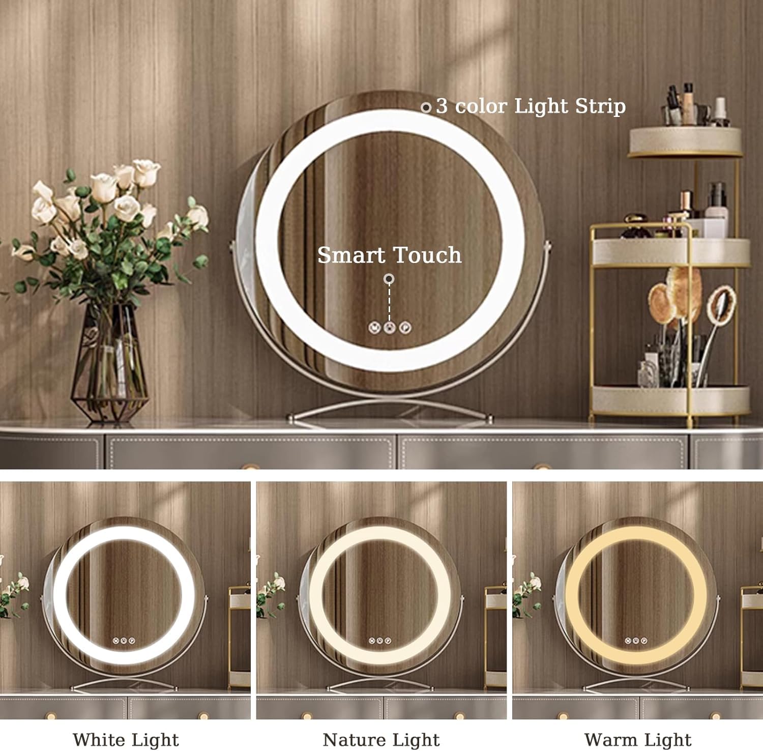 Amazon.com: Rieort Vanity Desk Faux Saddle Leather Dressing Table with  Intelligent Mirror Vanity Set 3 Colors Lighting 5 Drawers Makeup Table :  Home & Kitchen