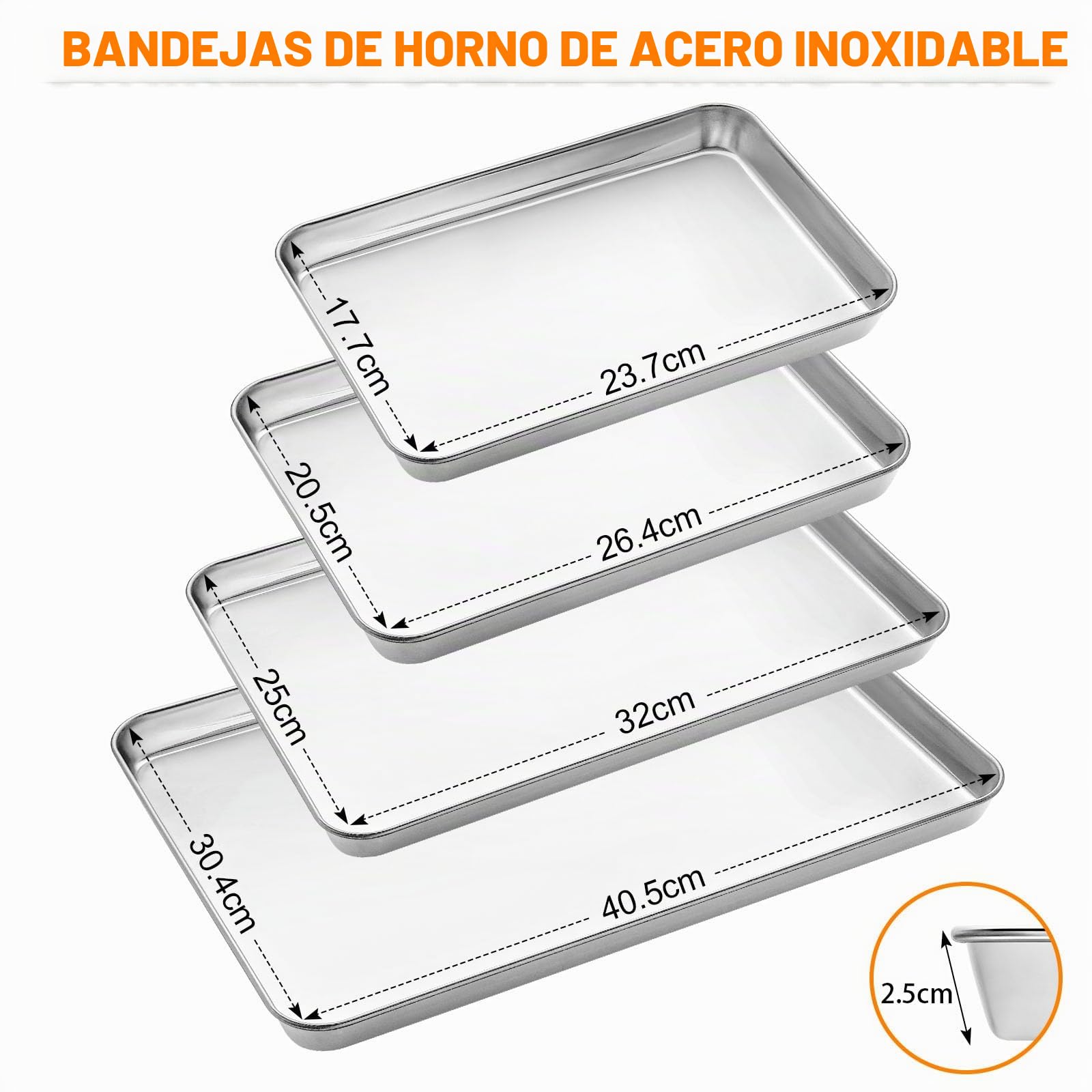Essentials - Juego de 4 bandejas rectangulares de acero inoxidable para horno, fácil limpieza, no tóxicas, sin óxido, aptas para lavavajillas (tamaño grande)