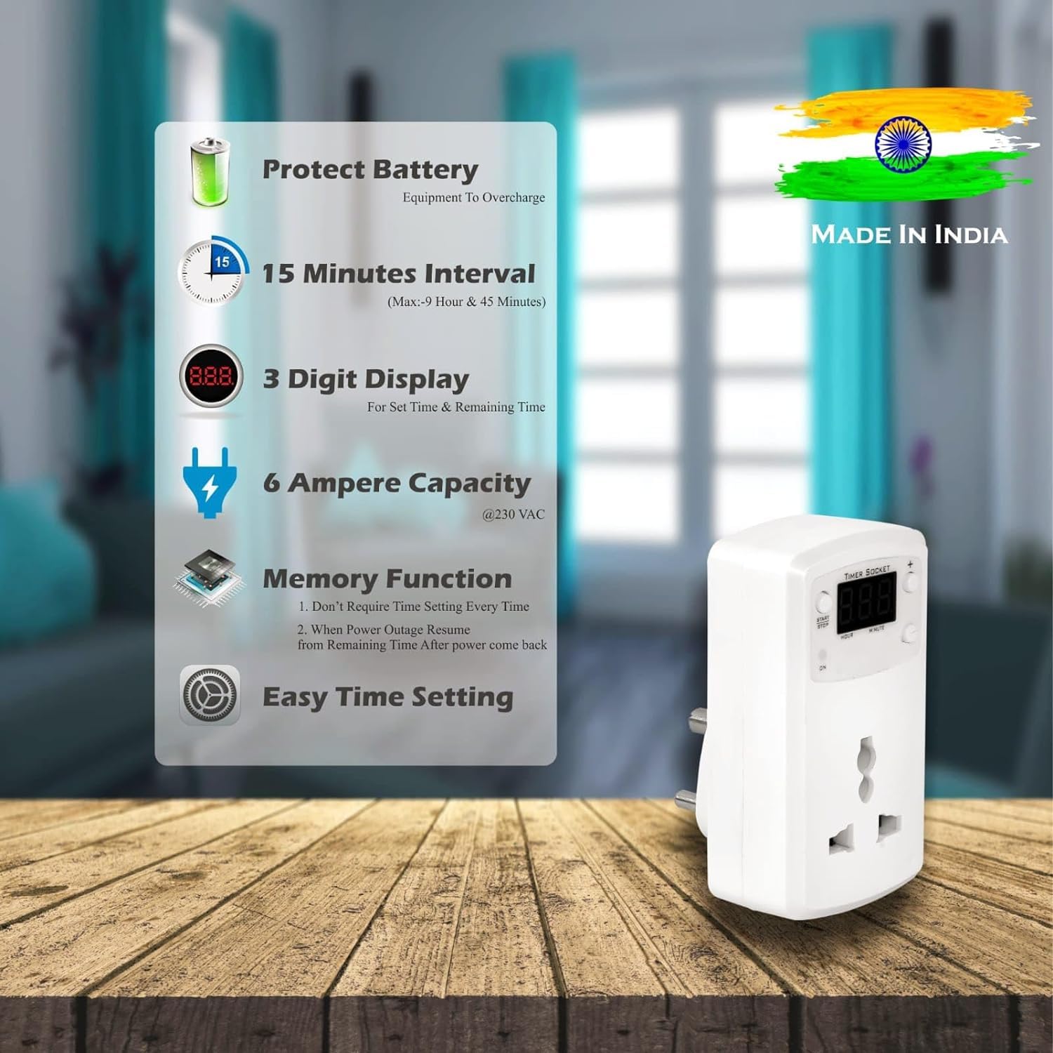 SKYLET Digital Auto Stop Timer Socket TSP-106, 6 Amp, 15 Minute Interval Up to 9hr 45min, Memory Function, Universal Socket, 18 Months Warranty 1