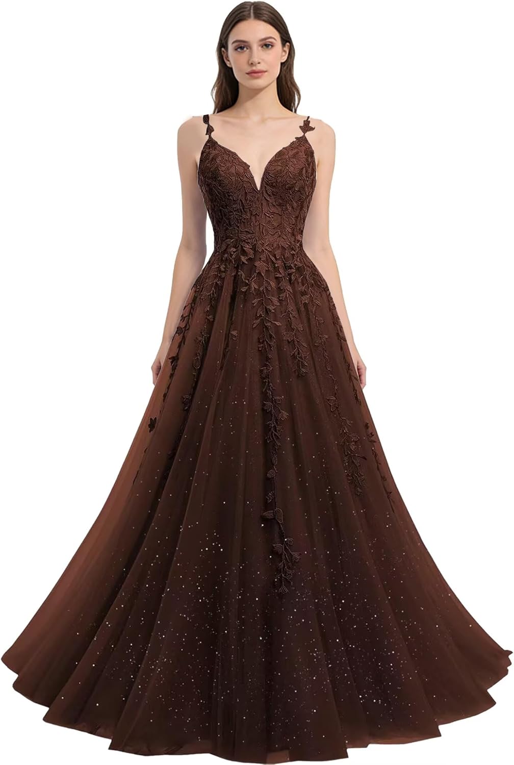 Tulle Prom Dresses for Teens 2026 Sparkly Lace Long V Neck Spaghetti Straps Ball Gown for Women Formal