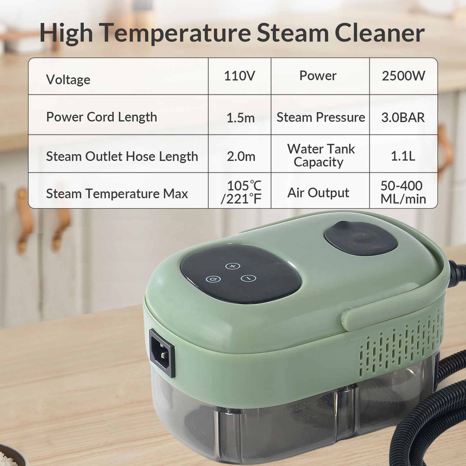 Specifications table for Goyappin High Temperature Steam Cleaner.
