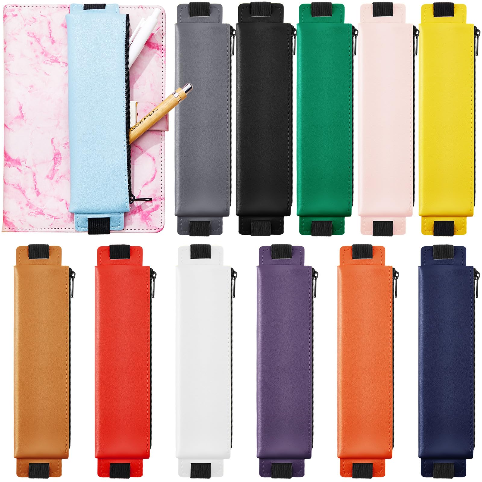 Moinchore 12 Pcs Elastic Notebook Pouch, Zippered Adjustable PU Leather Pen Holder Pouch for Notebook, Planner, Binder & Tablets Bulk Staff