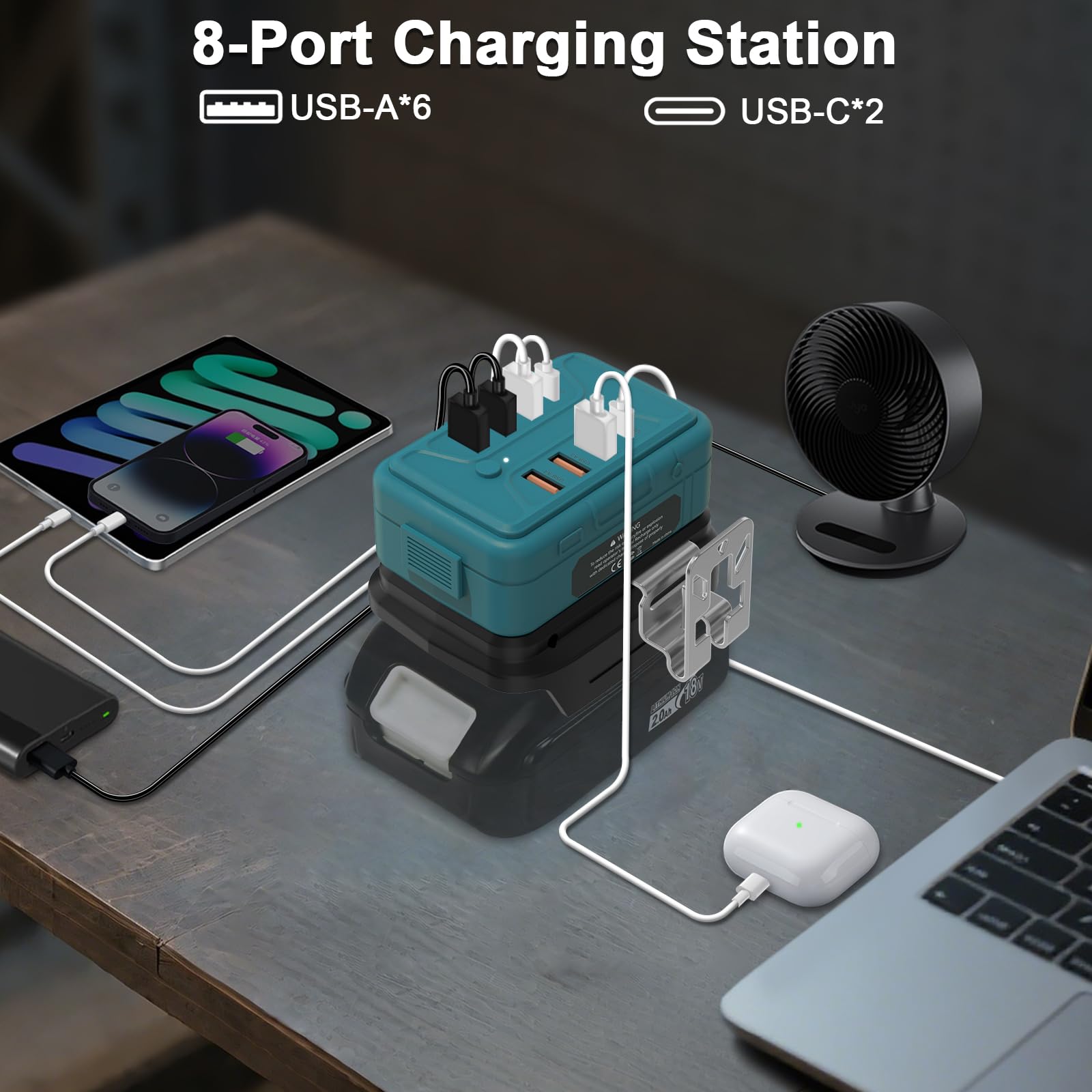 8-w-1 Ładowarka & Adapter USB do akumulatorów M-akita 18V - Przenośna ładowarka z 6x USB-A & 2x TYPE-C portami szybkiego ładowania - Powerbank do tabletów i elektroniki (tylko adapter)