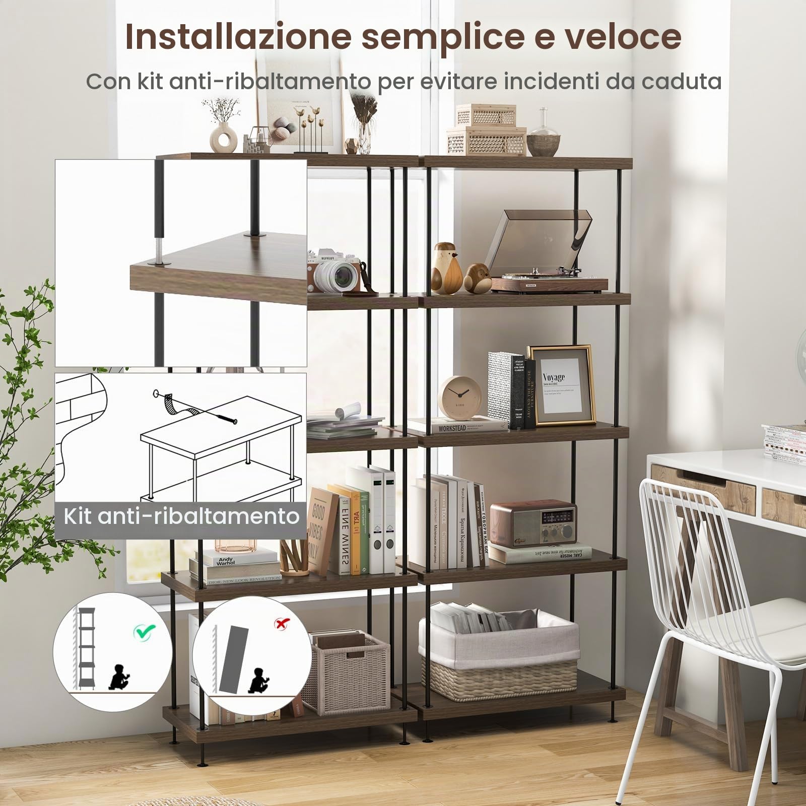 HOMASIS Libreria Vintage, Libreria Verticale in Metallo e Legno, Scaffale Espositore in Marrone, Scaffale a Scala per Salotto, Camera da Letto, Ufficio (60 x 29,5 x 147 cm)
