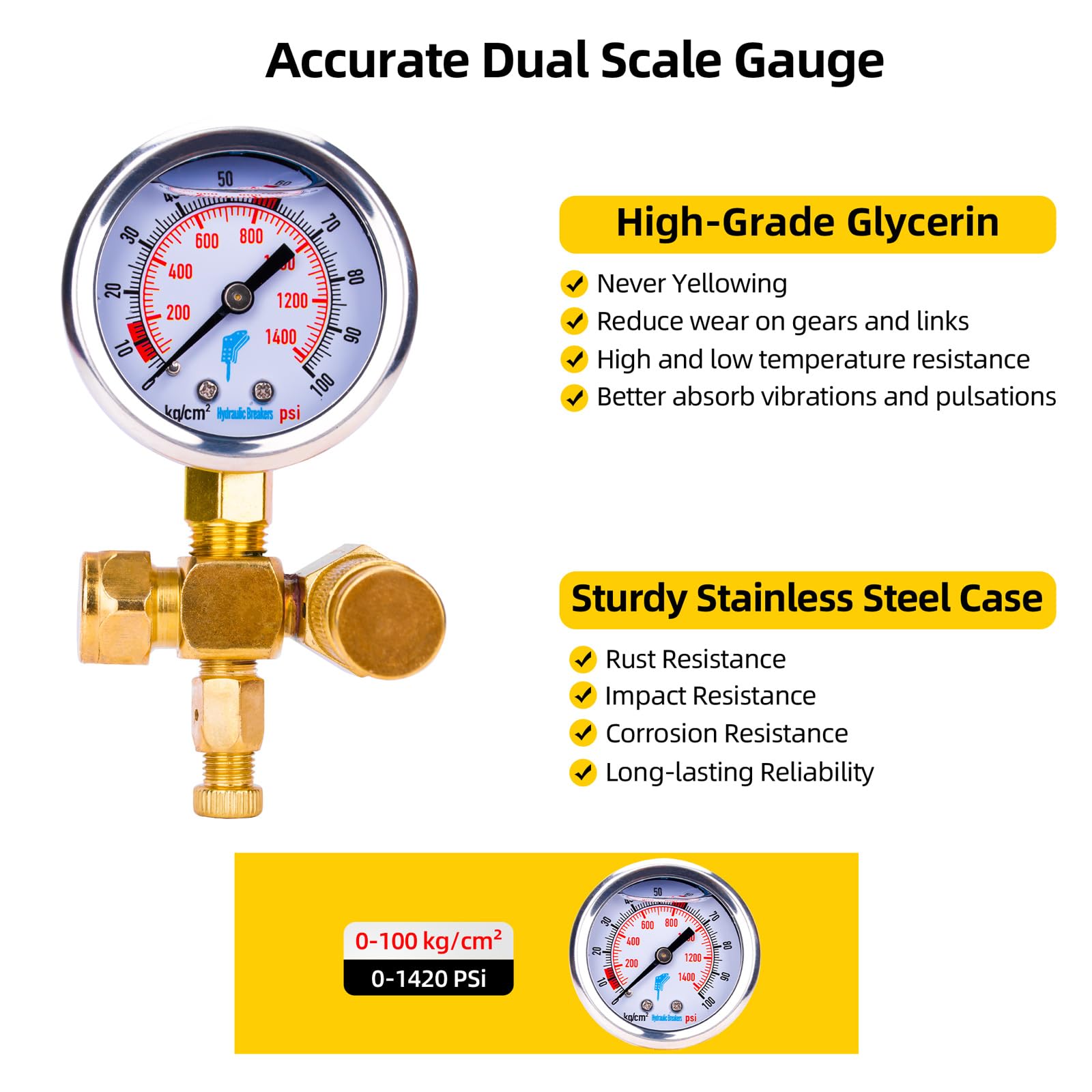 GRYVOZE Hydraulic Breaker Hammer Nitrogen Gas Charging Kit, Hydraulic Breaker Hammer Test Tools, Nitrogen Gas Pressure Test Tools with Dual Scale Gauge(0-1420PSI or 100kg/cm²) and CGA580 Adapter